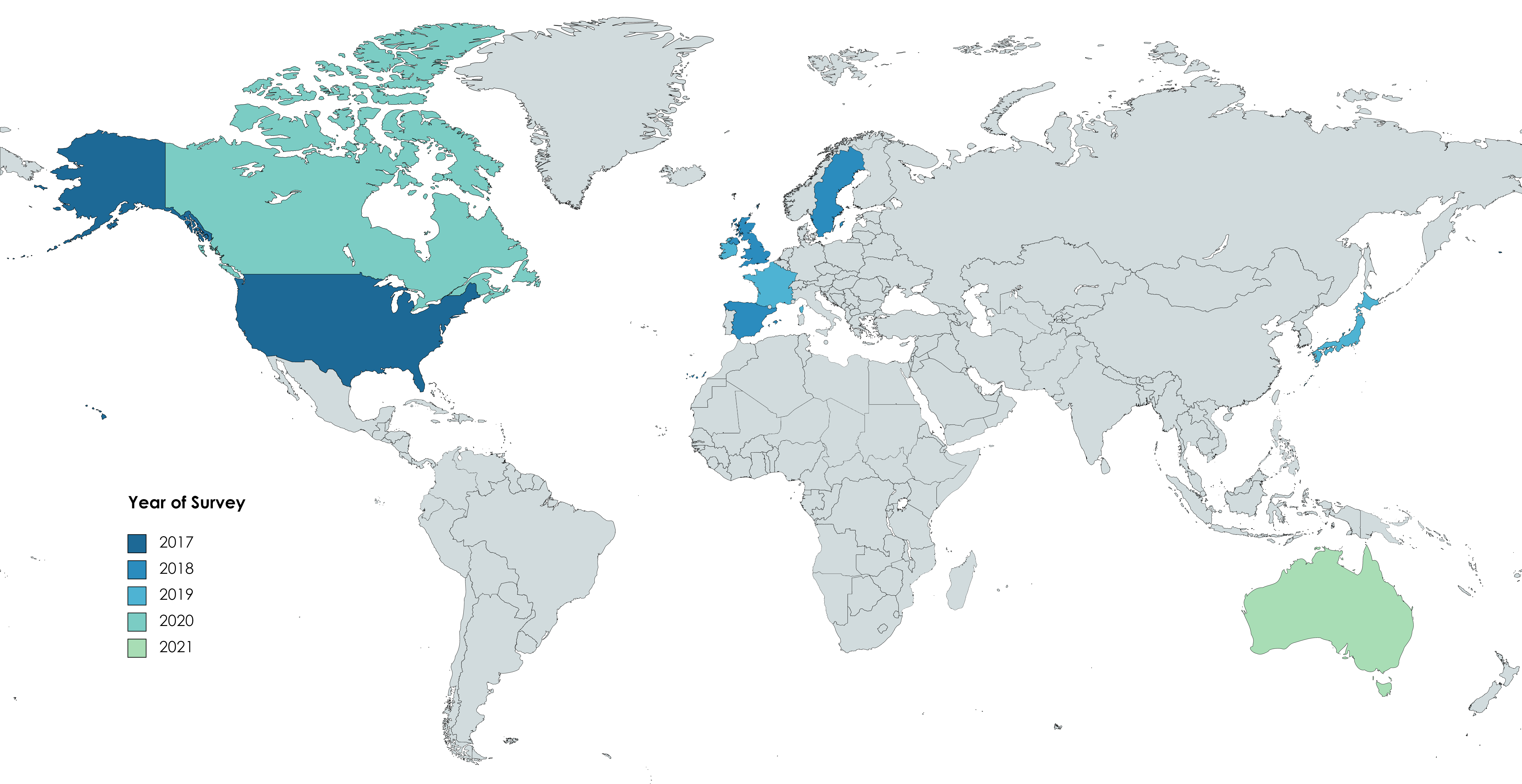 Map of surveyed countries by year