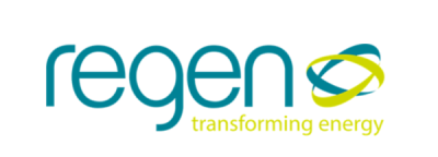 The logo of Regen depicted by two interlocking blue and green spirals.